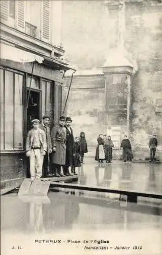 Ak Puteaux Hauts de Seine, Place de Église, Crue de la Seine 1910