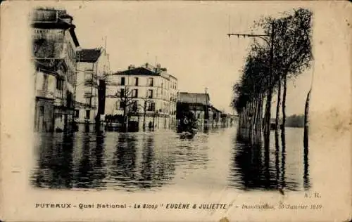 Ak Puteaux Hauts de Seine, Quai National, Le Sloop, Überschwemmung 1910