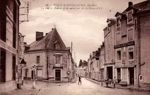 Ak Sillé le Guillaume Sarthe, Rue de Rennes, Carrefour de la Croix d’Or