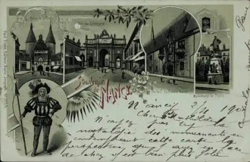 Mondschein Litho Nancy Meurthe et Moselle, Porte de la Craffe, Arc de Triomphe, Herzogspalast