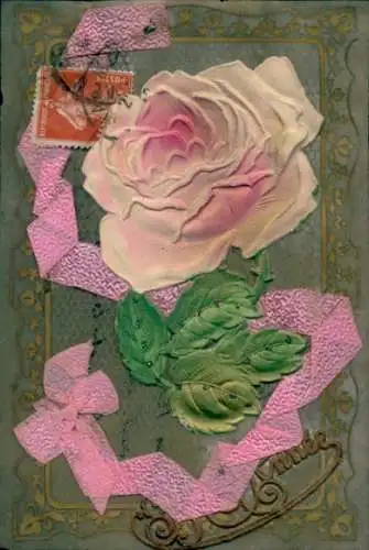 Zelluloid Ak Rose, Stoffschleife, Kitsch