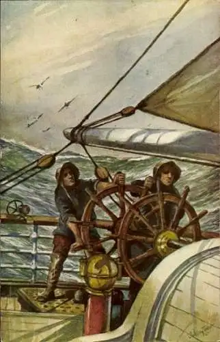Künstler Ak Seeleute an Deck eines Segelschiffes, Steuerrad, Aan het roer met blindeman