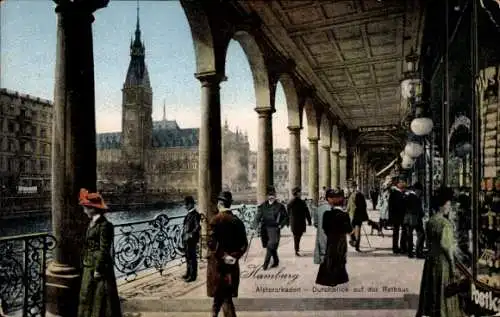 Ak Hamburg Mitte Neustadt, Alsterarkaden, Rathaus, Passanten