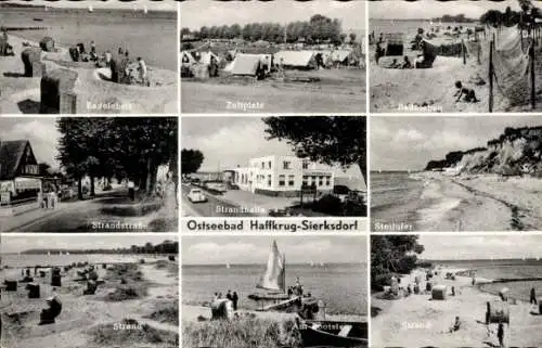 Ak Haffkrug Scharbeutz Ostholstein, Zeltplatz, Badeleben, Strandhalle, Steilufer, Bootssteg