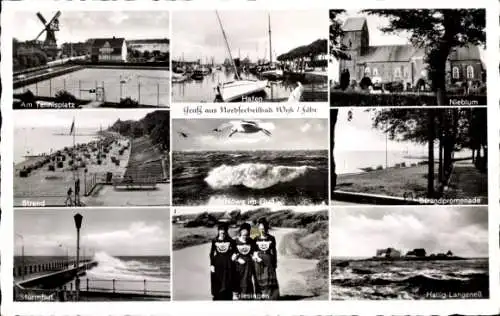 Ak Wyk auf Föhr Nordfriesland, Tennisplatz, Hafen, Nieblum, Strandpromenade, Sturmflut, Friesinnen