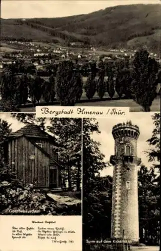 Ak Ilmenau in Thüringen, Gesamtansicht, Goethehäuschen auf dem Kickelhahn, Turm