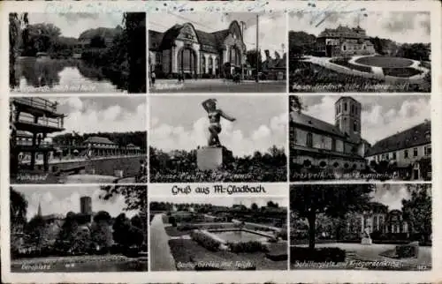 Ak Mönchengladbach am Niederrhein, Schillerplatz, Kriegerdenkmal, Propsteikirche, Volksbad