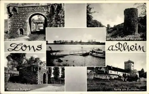 Ak Zons Dormagen Niederrhein, Burgtor, Krötchenturm mit Wallgraben, äußeres Burgtor, Zollturm, Rhein