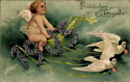 Präge Litho Glückwunsch Neujahr 1905, Engel, Tauben