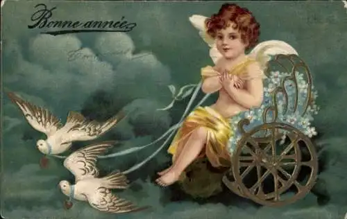 Präge Litho Glückwunsch Neujahr, Engel, Tauben