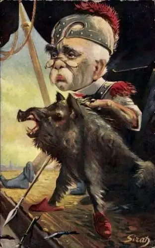 Künstler Ak Sirat, Georges Clemenceau als Römer mit Wildschwein, Karikatur