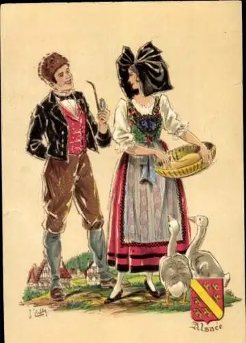 Künstler Ak Elsässerin in Volkstracht, Mann mit Pfeife, Gänse, Wappen