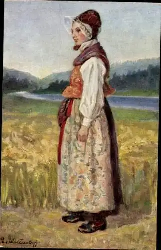 Künstler Ak Frau in schwedischer Tracht, Portrait