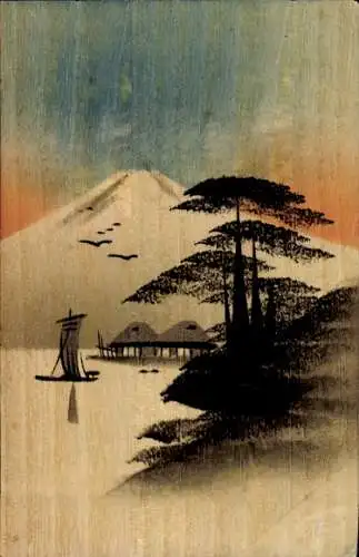 Holz Ak Japan, Bergspitze, Häuser, Segelboot