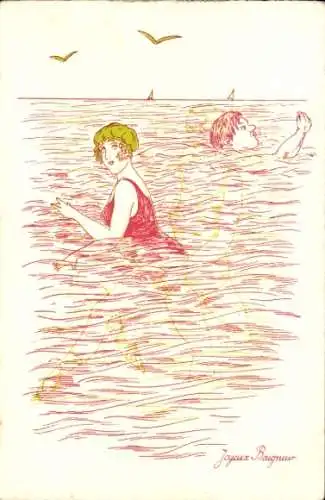 Ak Frau im Wasser, Badeanzug, Bademode, Träume eines Mannes