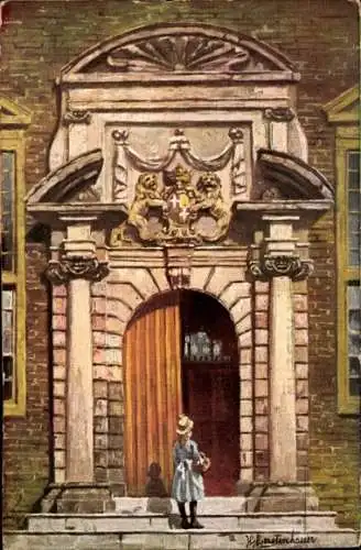 Künstler Ak Gerstenhauer, Johann Georg, niederländisches Motiv, Mädchen vor Gebäudeportal