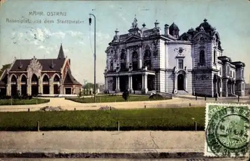 Ak Kunčice Ostrava Ostrau Mährisch Schlesien, Antoniplatz mit dem Stadttheater