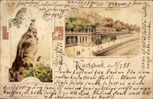 Litho Karlovy Vary Karlsbad Stadt, Mühlbrunnen, Hirschensprung