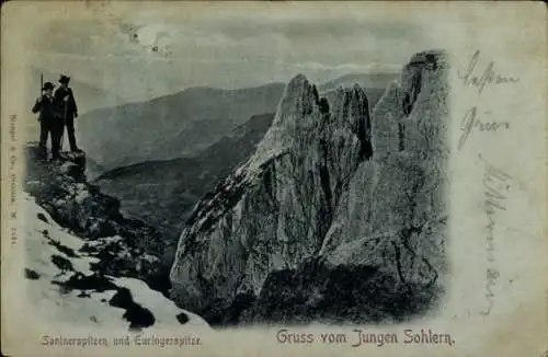 Mondschein Ak Seis am Schlern Siusi Kastelruth Castelrotto Südtirol, Gruß vom Jungen Schlern