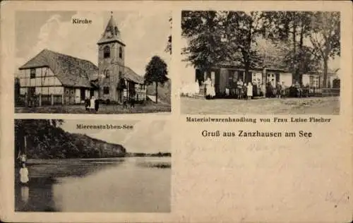 Ak Santoczno Zanzhausen Ostbrandenburg, Materialwarenhandlung, Kirche