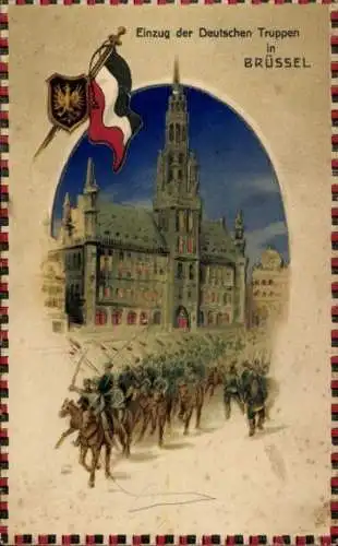 Künstler Litho Bruxelles Brüssel, Einzug der Deutschen Truppen