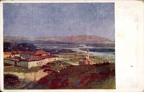 Künstler Ak Prinz, Karl Ludwig, Lezha Albanien, Ortschaft mit Landschaftsblick, Moschee