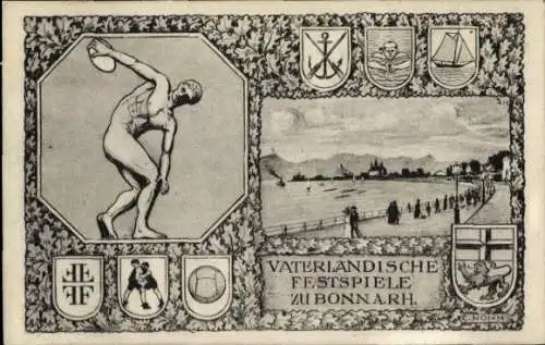 Ak Bonn am Rhein, Vaterländische Festspiele 1911, Diskuswerfer, Wappen