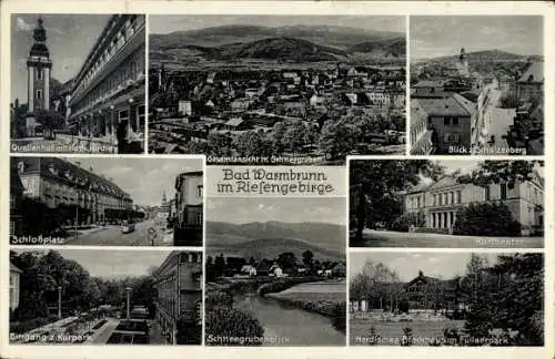 Ak Cieplice Śląskie Zdrój Bad Warmbrunn Riesengebirge Schlesien, Quellenhof, Kirche, Kurtheater