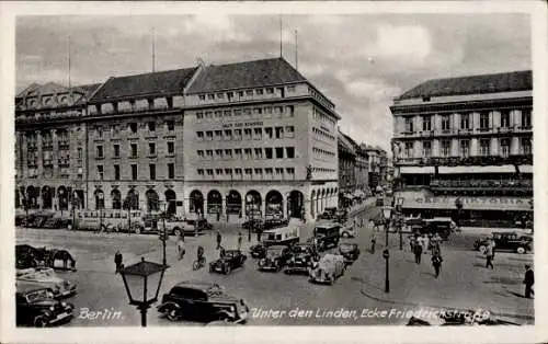 Ak Berlin Mitte, Unter den Linden, Ecke Friedrichstraße, Fahrzeuge
