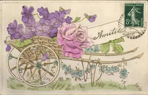 Präge Ak Schubkarre, Blumen, Rose, Vergissmeinnicht, Souvenir
