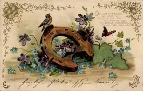 Präge Litho Hufeisen, Vergissmeinnicht, Vögel, Schmetterling