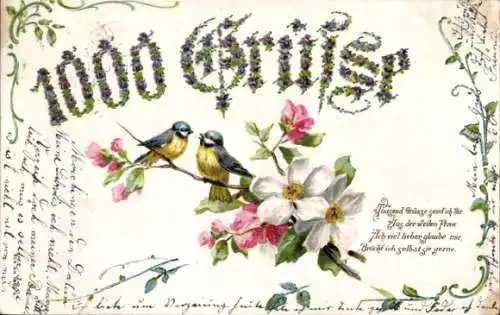 Präge Litho 1000 Grüße, zwei Meisen auf einem Blütenzweig, Veilchenblüten