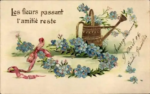 Präge Ak Gießkanne, Blumen, Vergissmeinnicht, Schleife, Kitsch