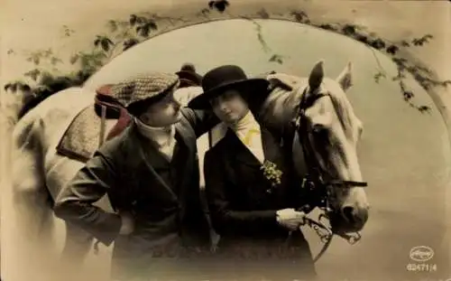 Ak Glückwunsch Neujahr, Liebespaar, Pferd