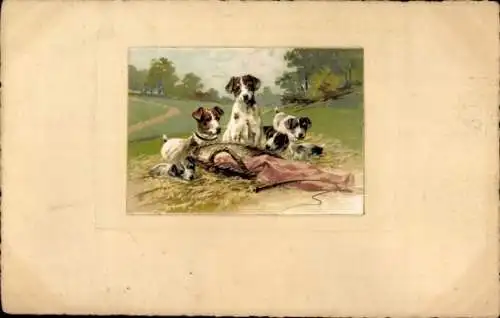 Präge Ak Drei Hunde am Korb, Wiese, Tuch