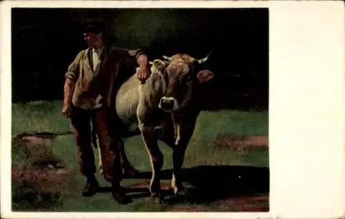 Künstler Ak Koller, Rudolf, Mann mit Kuh, Pro Juventute