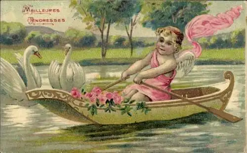 Präge Ak Engel beim Rudern, Ruderboot, Schwäne, Teich