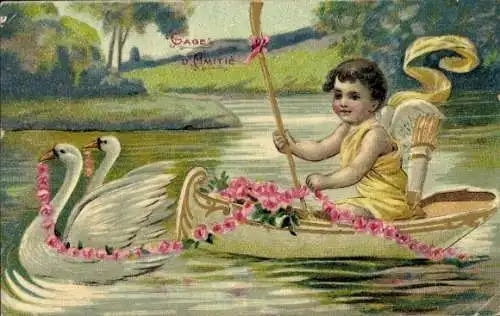 Präge Ak Engel im Ruderboot, Schwäne, Liebesengel