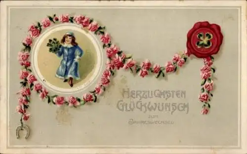 Präge Ak Glückwunsch Neujahr, Hufeisen, Glücksklee, Mädchen, Rosen