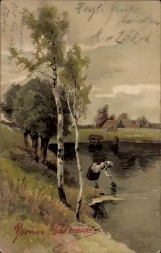 Litho Frau am Ufer schöpft Wasser, Birken, Kühe