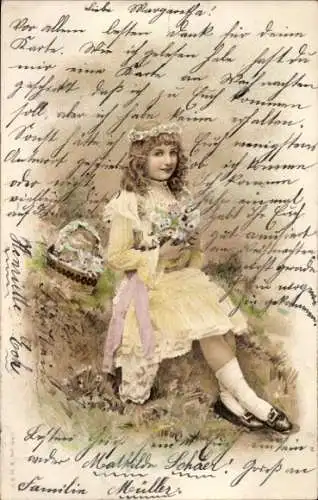 Litho Mädchen mit Blumenstrauß, Portrait, Korb, Blumenwiese