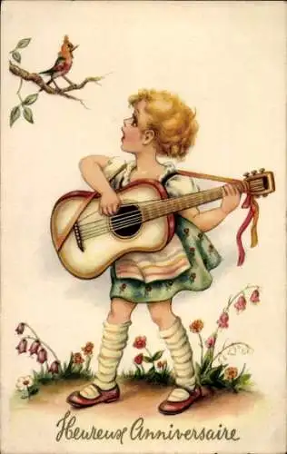 Ak Glückwunsch, Kind spielt Gitarre, Singender Vogel