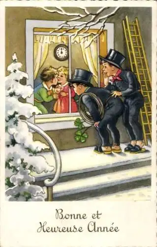 Ak Glückwunsch Neujahr, Schornsteinfeger, Kinder, Uhr, Glücksklee
