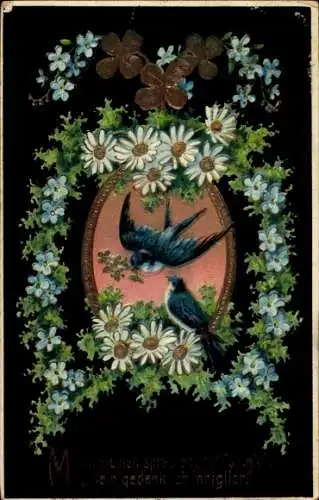 Präge Ak Kitsch, Schwalben, Blumen, Glücksklee