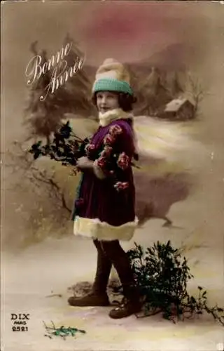 Ak Glückwunsch Neujahr, Mädchen-Portrait, Blumen