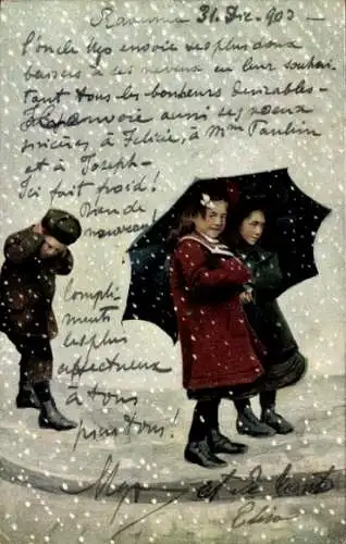 Ak Schneefall, Kinder unter einem Schirm, Frierender Junge