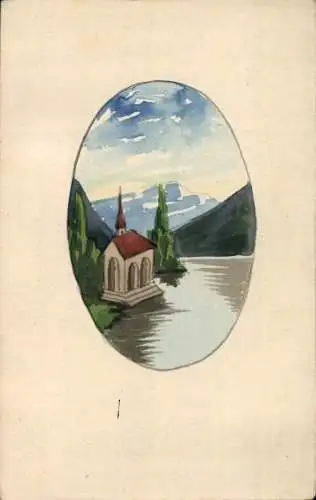 Handgemalt Ak Kirche am See, Berge, Bäume, Wald
