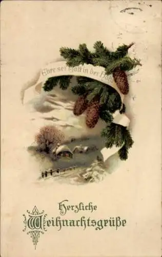 Ak Glückwunsch Weihnachten, Tannenzweige, Wohnhaus, Tannenzapfen