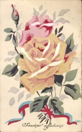 Ak Blühende Rosen, Souvenir, Fahne, Kitsch
