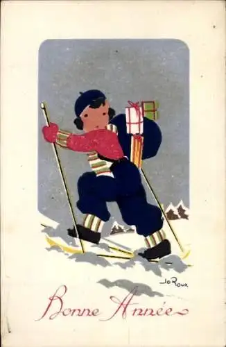 Künstler Ak Roux, Glückwunsch Neujahr, Skiläufer, Geschenke